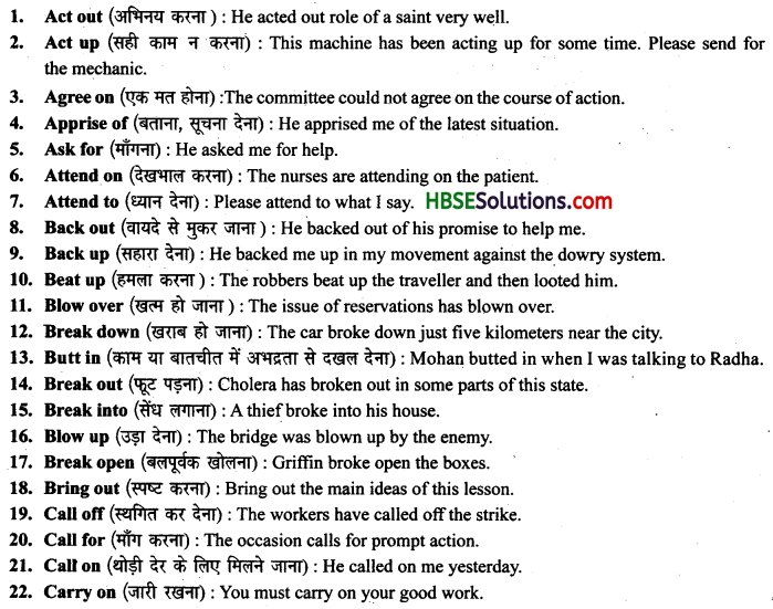 HBSE 10th Class English Grammar Phrasal Verb 1