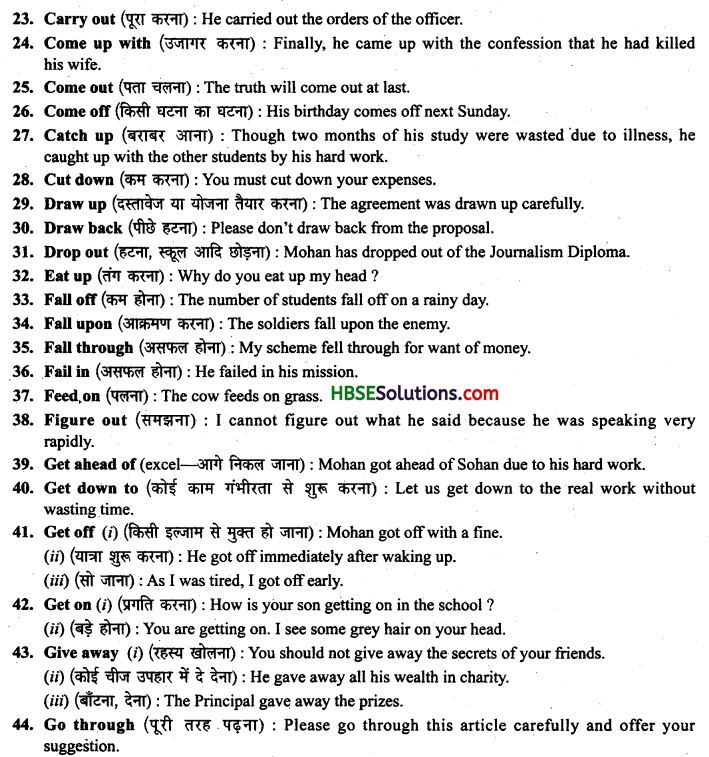 HBSE 10th Class English Grammar Phrasal Verb 2.1